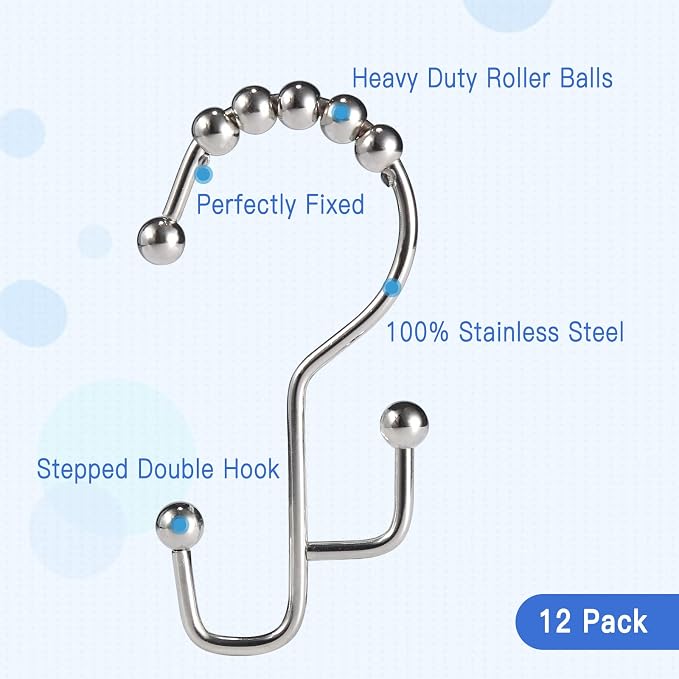 SUTINE Shower Curtain Hooks, 12 Pcs Double Shower Curtain Hooks Rings, Black Shower Curtain Hooks Rust Proof, Stainless Steel Bathroom Shower Hooks for Shower Curtain, Towels, Clothing, Nickel