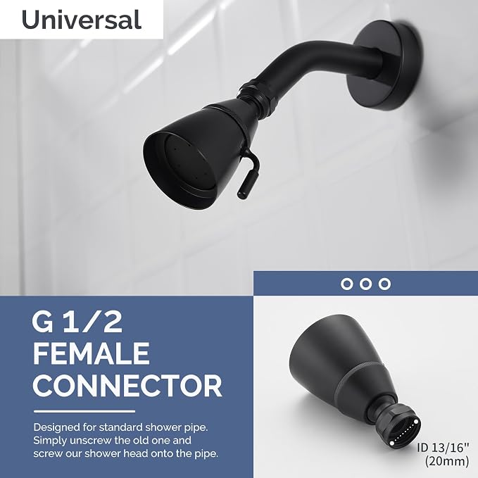 Angle Simple High Flow Shower Spray Head Adjustable, G 1/2, Matte Black | Brass, Swivel High Pressure Shower Head, Adjustable Angle and Water Flow, No Flow Restrictor, Easy to Wash Clean
