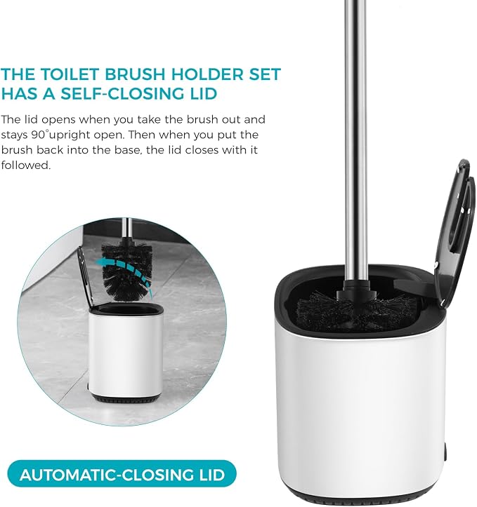 Toilet Brush and Holder Set Toilet Bowl Brush Stainless Steel Automatic Open lid Toilet Bowl Cleaner Brush with Durable Bristle Head Toilet Cleaning Brush for Bathroom