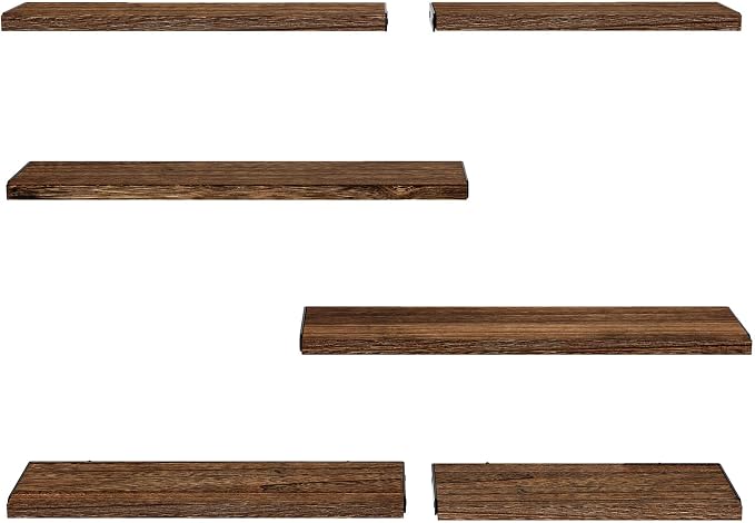 Amada Solid Paulownia Wood Wall Shelves, Large Size, 6 Pcs, Brown | Wood Floating Shelves with Metal Brackets, 2 Ways to Install, Flexible 6-Piece Arrangement for Bathroom & Bedroom Wall Decor