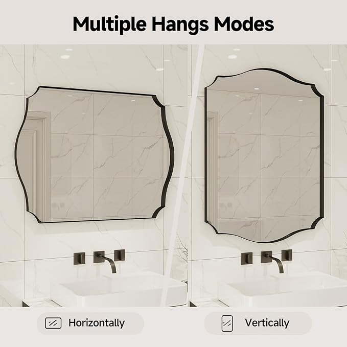 Black Vanity Wall Mirror 30"x22", Scalloped Edge Bathroom Mirror | Rust-Proof Metal Frame, Hangs Vertically/Horizontally, Decorative Bathroom Mirror, For Vanity, Bedroom & Entryway