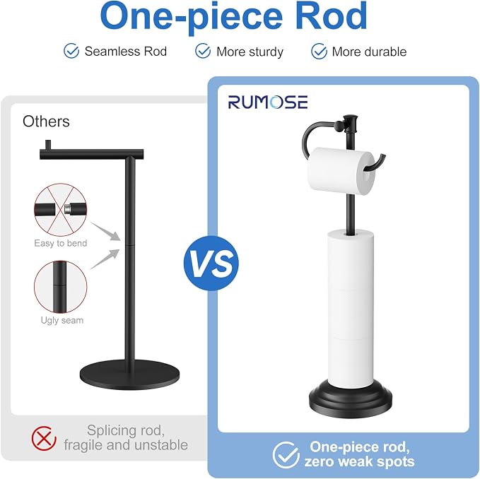 RUMOSE Toilet Paper Holder Stand for Floor Free Standing, Black | Bathroom Freestanding Toilet Tissue Roll Holder with Storage, Adjustable 17-25 Inch, Rustproof, SUS304 Stainless Steel