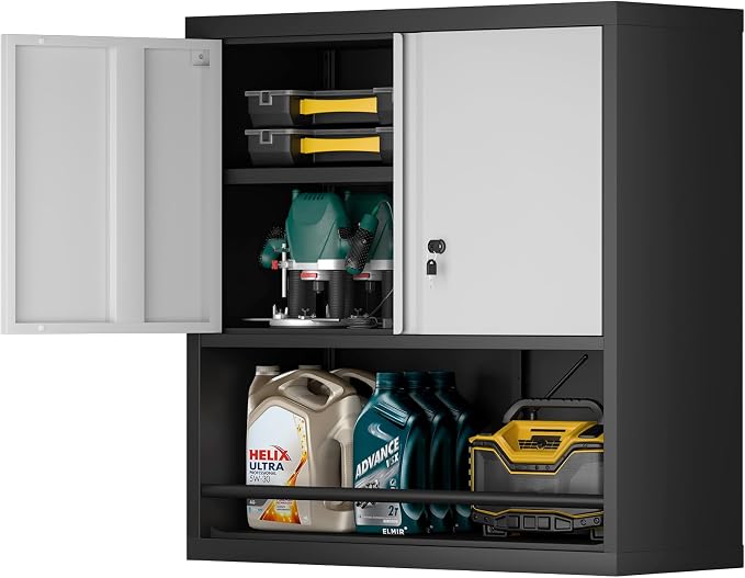 Garage Locking Cabinet, Wall Storage Cabinet with Shelves, Hanging Cabinets with Open Storage, Small Wall Cabinet, Lockable Tool Cabinet for Basement, School, Office