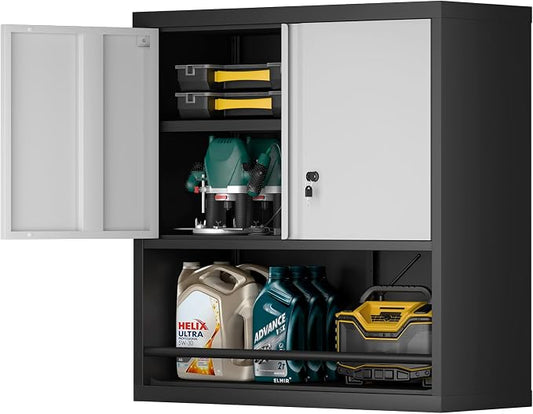 Garage Locking Cabinet, Wall Storage Cabinet with Shelves, Hanging Cabinets with Open Storage, Small Wall Cabinet, Lockable Tool Cabinet for Basement, School, Office