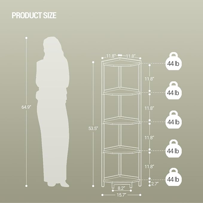 Hzuaneri Corner Shelf Stand 5-Tier Corner Bookshelf Storage Standing Shelf | Bookcase Plant Stand with Metal Frame for Living Room, Home Office, Bedroom, White CS05913W