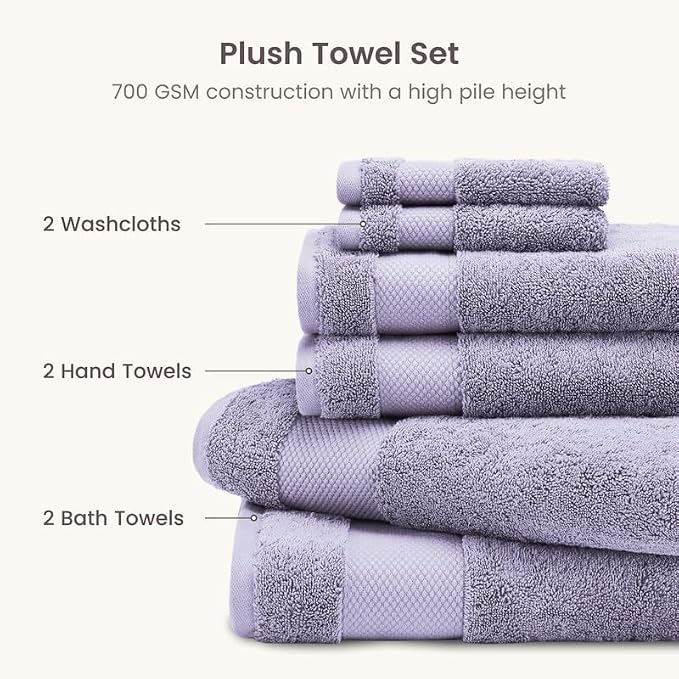 100% Organic Cotton Bath Towel Set | 700 GSM Plush 6-Piece Premium Towel Set GOTS Certified, 2 Bath Towels, 2 Hand Towels & 2 Washcloths - Lavender