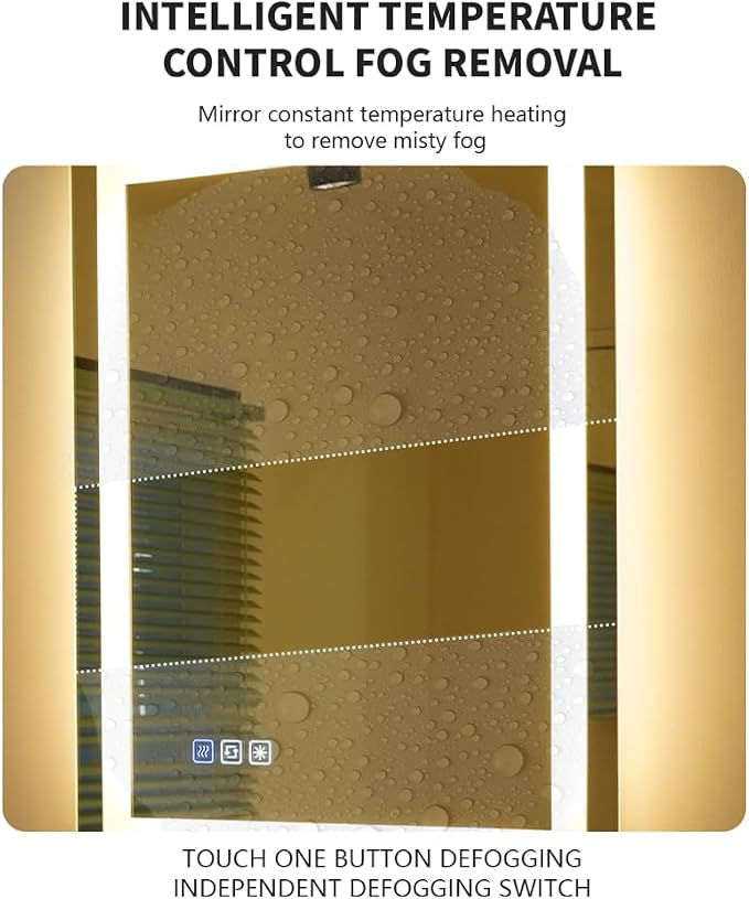 40 * 24inches Rectangle LED Mirror, Smart Bathroom Mirror with Lights, Anti-Fog, Tempered Glass, 3 Colors Dimmable, Front and Backlit, CRI 90+, Wall Mounted, Memory