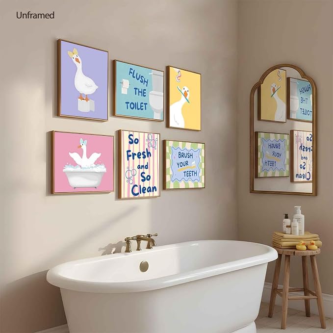 ZYANGZY Cute Kids Bathroom Poster Set of 6, Funny Duck Toilet Wall Art Painting Children's Quotes Bathroom Wall Decor Quirky Silly Goose Nursery Canvas Picture Prints for 12x16 inch Unframed