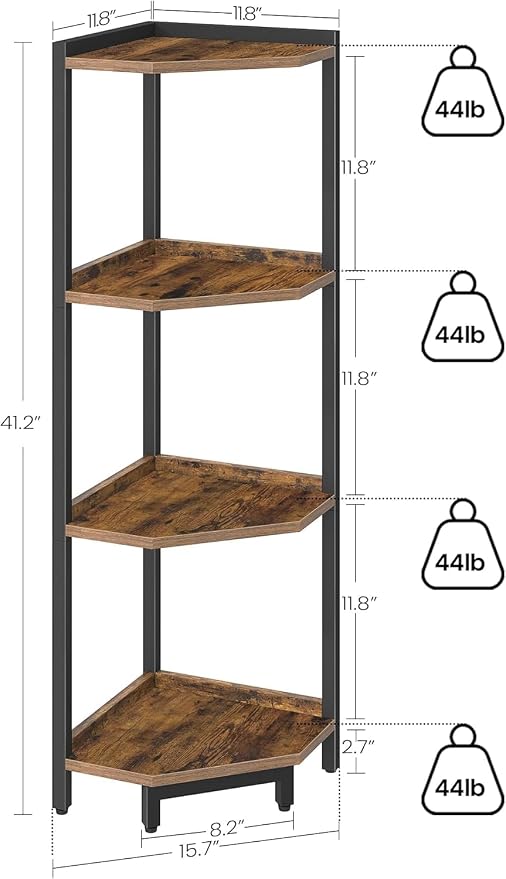 Hzuaneri Corner Shelf Stand 4-Tier Corner Bookshelf Storage Standing Shelf | Bookcase Plant Stand with Metal Frame for Living Room, Home Office, Bedroom, Black CS05801B