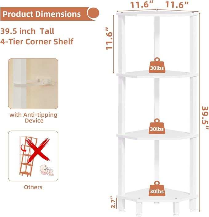YUFAM 4-Tier Corner Shelf, White | Wooden Corner Bookshelf for Small Spaces, Corner Standing Shelf with Sturdy 5-Leg Base