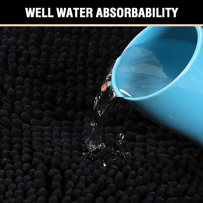 H.VERSAILTEX 20x32 Bath Mat Non-Slip Bathroom Rug Shag Shower Mat Machine-Washable Bath Mats with Water Absorbent Soft Microfibers Chenille Plush Rugs - Black