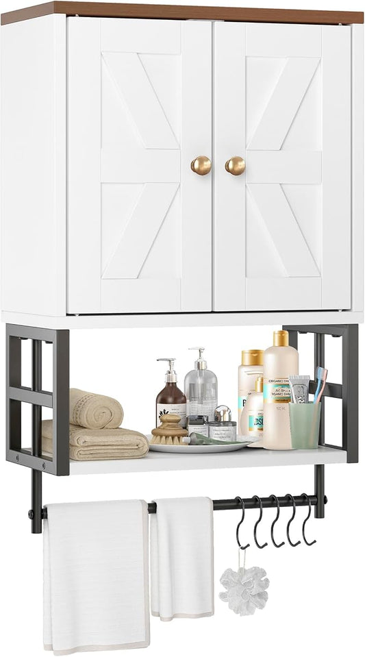 Bathroom Wall Cabinet, Farmhouse Medicine Storage with Towel Bar, White | 2 Doors, Adjustable Shelves & 5 Hooks. Space-Saving Wall Storage for Over Toilet, Laundry, Kitchen, Living Room