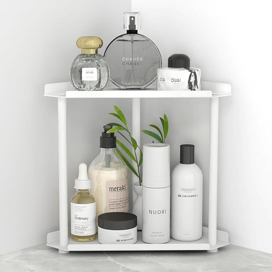 FLE Corner Bathroom Counter Organizer, Bathroom Organizer Countertop White | 2 Tier Corner Shelf, Tabletop Mount,Waterproof Solid Shelf Fits Bathroom Toiletries and Kitchen Condiment Storage