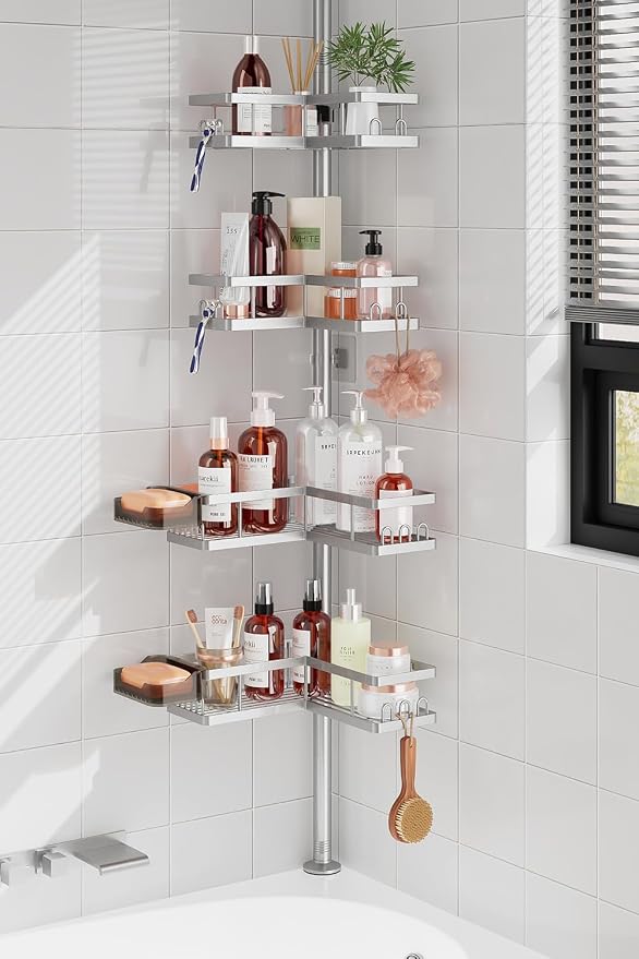 Corner Shower Caddy Tension Pole, 25.7-109.1in Adjustable Shower Shelves, Rust-Resistant Shower Organizer, No-Drill 3-Step Installation, Bathroom Shelves for Renters & Family, Silver