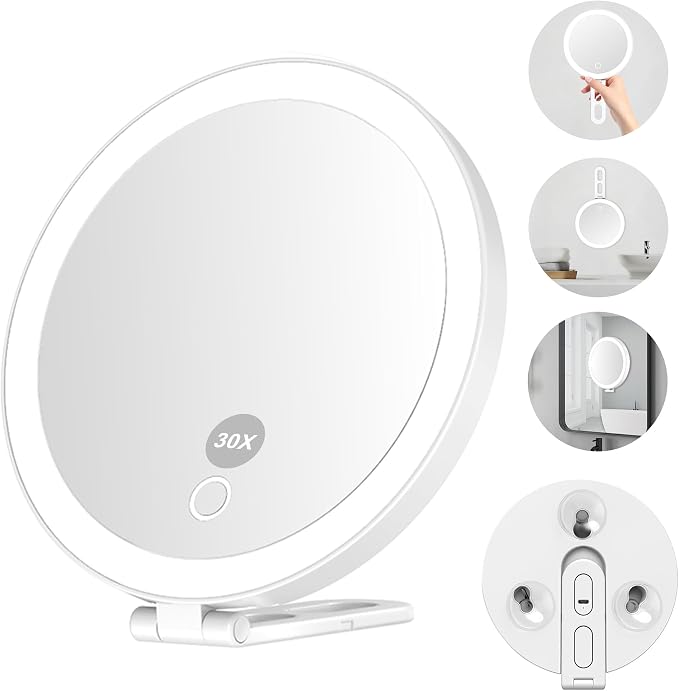 Mocado 30x Magnifying Mirror with Light, 6" Magnifying Mirror Suction Cup | 3 Colors Light, Dimmable Touch, 0-100% Brightness Adjustable, Stable Stand, 2000mAh Rechargeable, Handheld Mirror,(White)
