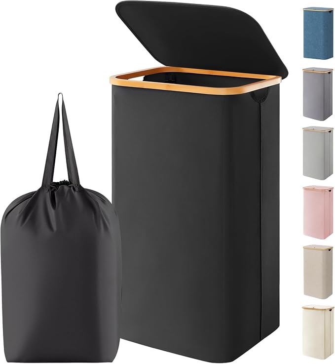 Lifewit 100L Laundry Basket with Lid, Clothes Hampers for Laundry with Bamboo Handles and 1 Removable Bag, Large Foldable Laundry Hamper for Bedroom, Bathroom, Dorm, Laundry Room, Black