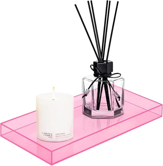 ROYALITA Acrylic Tray for Countertop, Guest Towel Holder Tray for Bathroom | Vanity Trays for Napkin Perfume Jewelry Makeup, Bathroom Tray for Soap Dispenser, Aromatherapy, Cup & Candle, Pink