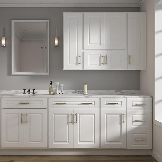 ROOMTEC Wood Wall-Mounted Cabinet,Bathroom Medicine Cabinet with Adjustable Shelves and 2 Soft-Close Doors,Laundry Storage Cabinet for Bathroom,Kitchen,Living Room 12" D*30" W*36" H,Traditional White