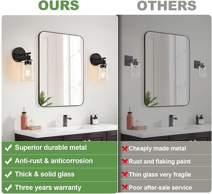 Zarbitta Set of 2 Wall Sconces for Bathroom,Black Modern Vanity Lights with Clear Glass Shade,Bathroom Wall Lamp for Mirror Kitchen Living Room Hallway Cabinet Porch