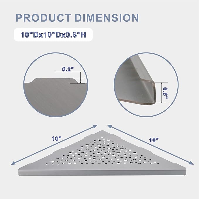HIDROP Brushed Nickel 10" Corner Shower Shelves for Tiled Walls, 2 Pack | Bathroom Triangle Shelves, 304 Stainless Steel Bathroom Corner Shelf, Fast Drainage, Embed into Tile Gap, Tile Shower Shelves