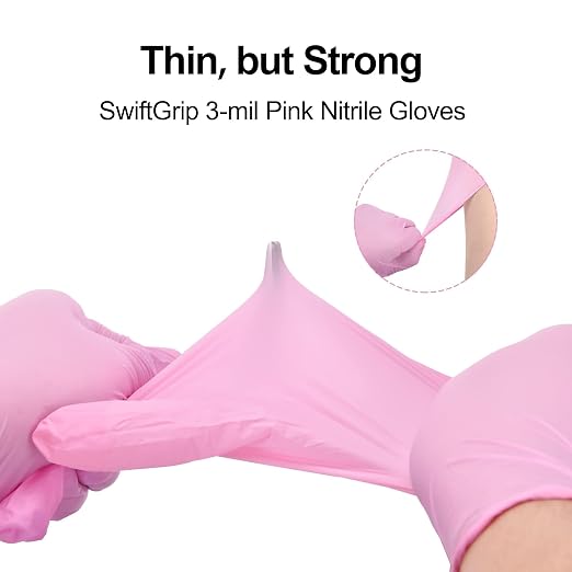 SwiftGrip Pink Nitrile Gloves, 3-mil, Industrial Gloves Disposable Latex Free, for Cleaning & Esthetician, Rubber Powder-Free, 1000-ct Case (Medium)