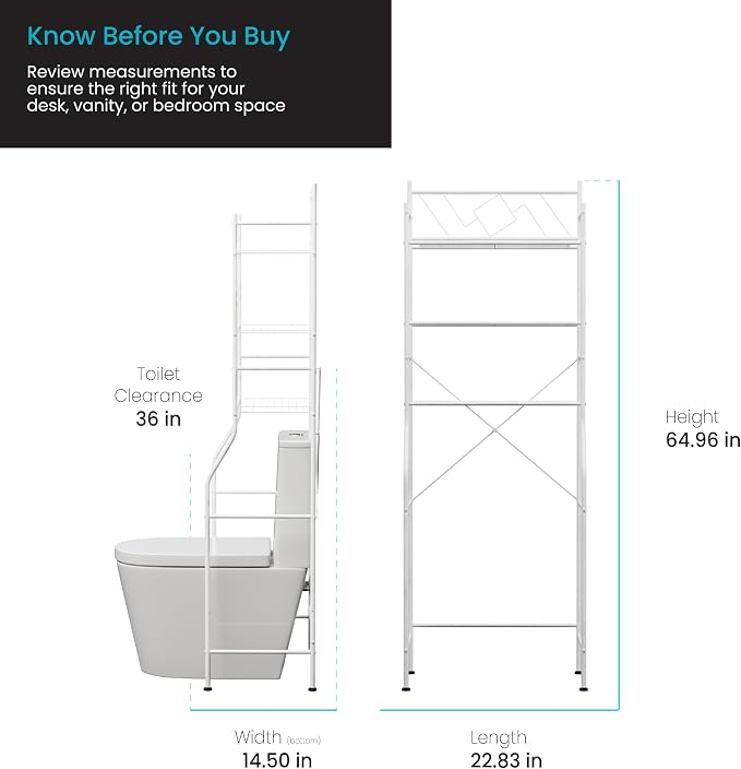 Home Zone Living Over-the-Toilet Bathroom Storage Cabinet Organizer | Freestanding Steel Frame Design with 3-Tier Shelves, Wide Stabilizing Base and Adjustable Feet, White
