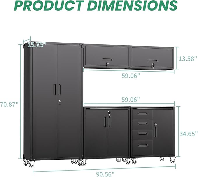 Garage Storage Cabinet System,Wall Cabinet & Locking Rolling Tool Cabinet with Doors and Adjustable Shelves