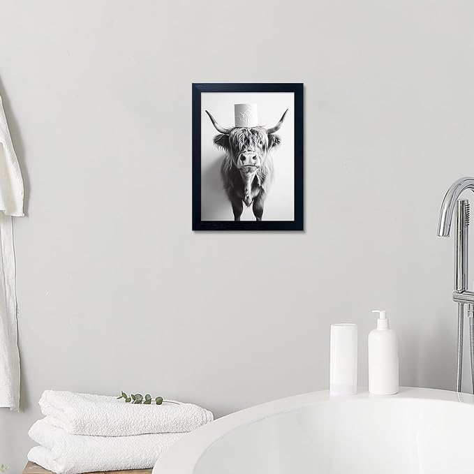 Framed Black and White Bathroom Wall Decor Highland Cow with Toilet Paper on Head Canvas Wall Art Toilet Decor Cow Pictures Wall Decor Animal Bathroom Sign Artworks for Home