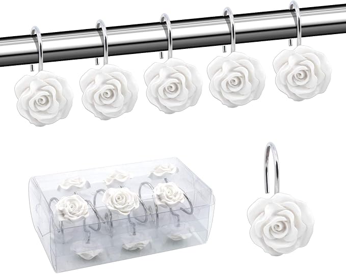 BEAVO Shower Curtain Hooks, Home Decorative Rustproof Shower Curtain Hooks Resin Rose Flower Shower Hooks Rings for Bathroom Shower Rods Curtains,Set of 12 Hooks (White) | White Flower Shower Curtain Ring - Stainless Steel Shower Ring Hook with Resin F...