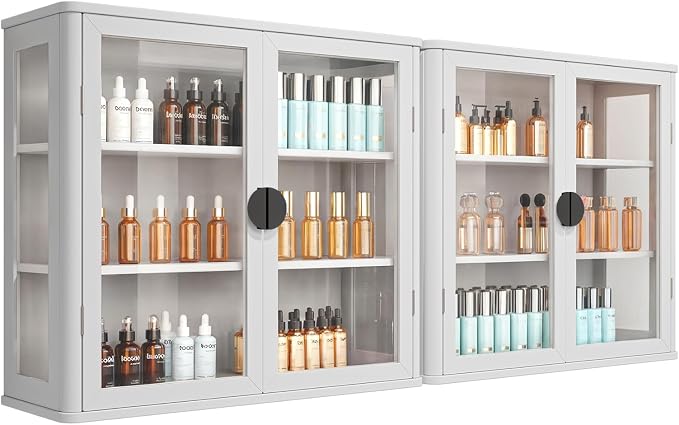 FIMELLO 56’’W Wall Cabinet with Tempered Glass Doors, Bathroom Cabinet Wall Mount, Kitchen Wall Cabinet, Floating Cabinet for Bathroom, Wall Mount Salon Station for Barber, Beauty, White