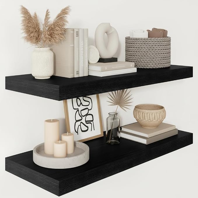 Vivelove 12 Deep Floating Shelves 30x12” Set of 2, Black | Easy Install With Hardware, 2" Thick, Invisible Brackets, Wall Mounted, No Sagging, For Any Room