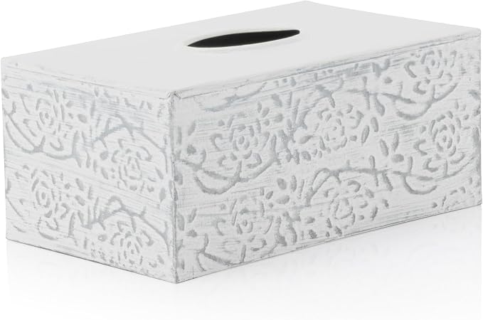 Modern Farmhouse Decorative Tissue Box Holder - Distressed White, Rustic Metal Design for Bathroom