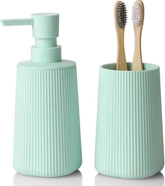 YAUKPH Bathroom Soap Dispenser and Toothbrush Holder Striped Green | Bathroom Accessories Set 2 Piece for Bathroom Countertop Storage and Decor