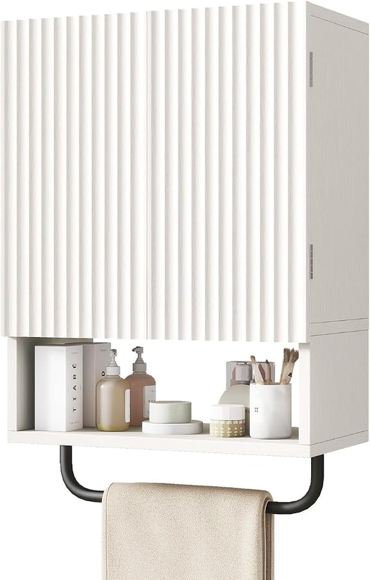 IBUYKE Bathroom Wall Cabinet Over Toilet Cabinet for Bathroom UWBS003W | with Doors and Adjustable Shelf, Towel Bar, Wall Mounted, for Laundry Room & Living Room Kitchen, White,Modern