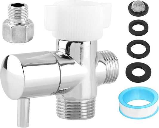 Bidet T Adapter with Shut off Valve, Metal 3 Way T Valve 7/8" x 7/8" x 1/2" or 3/8" Adapter Included, Chrome Finish Tee Connector Bidet Attachment, Leak-Free, Includes Tape
