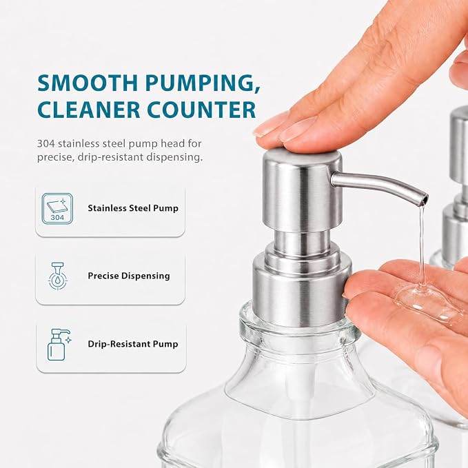 Kitchen Glass Soap Dispenser Set with Tray 2 with Silver Rust Proof Pump | 16.9oz Refillable Soap Dispenser for Hand, Dish with Waterproof Labels Residue Free, Luxury Decor for Bathroom Vanity, Clear