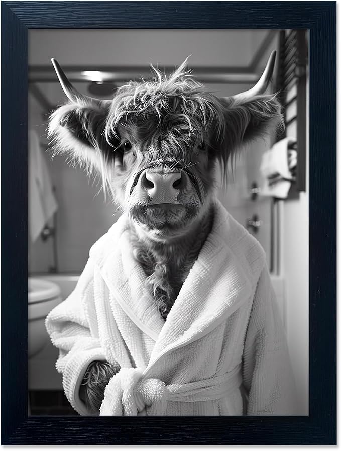Framed Highland Cow Brushing Teeth Wall Art, Black and White Bathroom Wall Decor, Funny Cow Pictures Guest Bathroom Decor