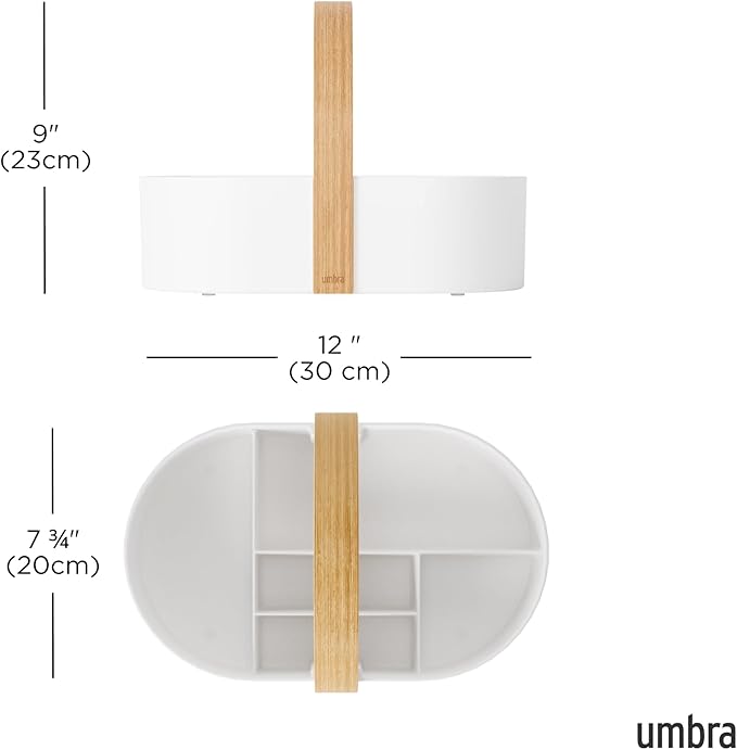 Umbra Bellwood Caddy, Wooden Handle Makeup Organizer, Small, White/Natural | Rubber feet protect surfaces, removable divider, lightweight portable design, easy to clean, recycled plastic body