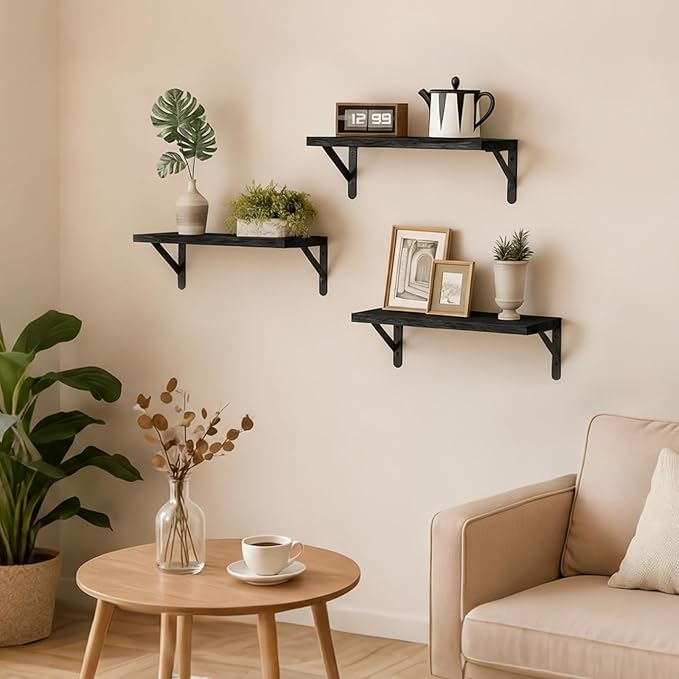 Fixwal Wall Floating Shelves for Home Decor (Black, Set of 3, 16.5 Inch) | Wood Shelves, Natural Grain, 40Lb Capacity, Sturdy Triangle Brackets, Versatile for Any Room