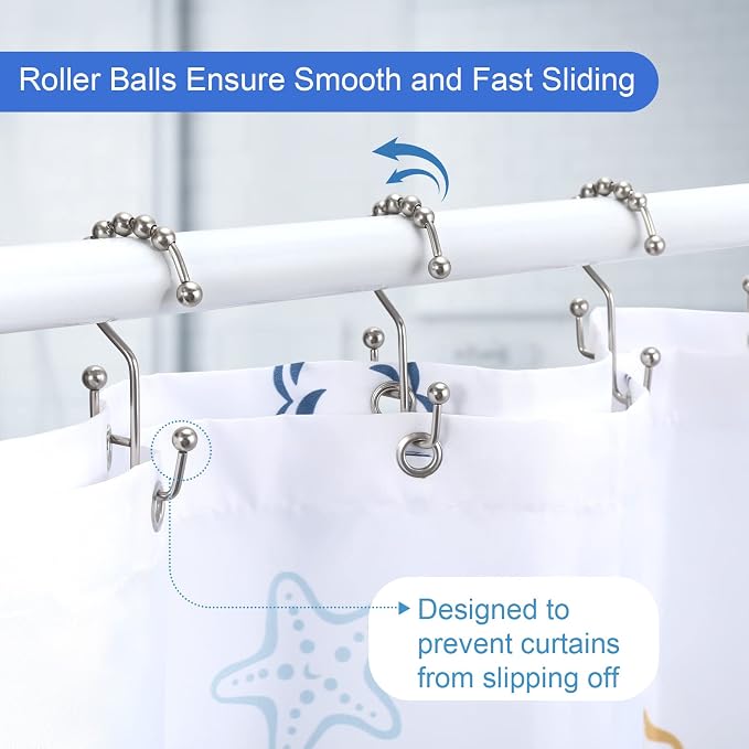 Shower Curtain Rings, SUTINE Double Shower Curtain Hooks, Rust-Resistant Stainless Steel Shower Curtain Rings, Easy Sliding Metal Shower Hooks for Shower Curtains & Liners, 12pcs-Matte Nickel