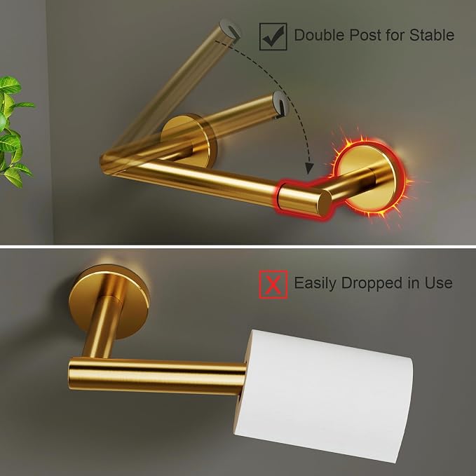 POKIM Brushed Gold Toilet Paper Holder - 304 Stainless Steel Double Post Wall Mount Tissue Dispenser, Anti-Slip Design, Fits Mega/Jumbo Rolls, Rustproof Bathroom Accessory for Home & Commercial Use