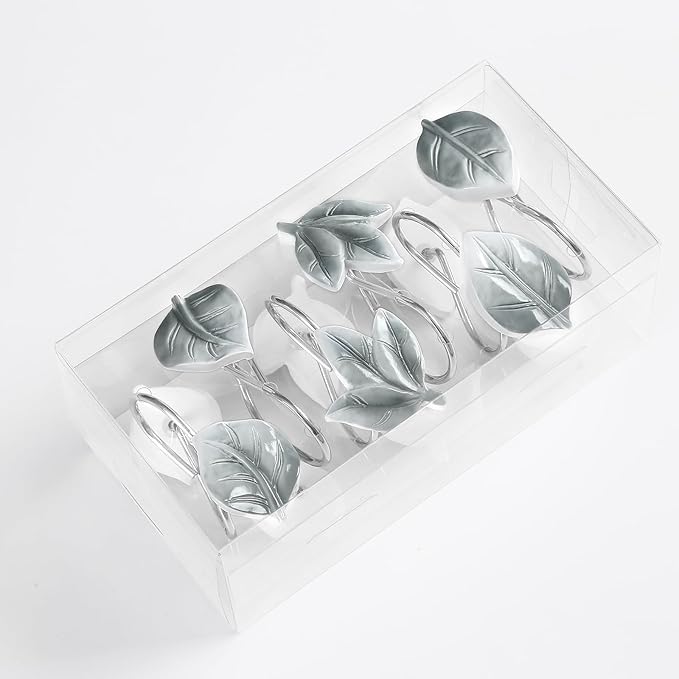Grey Plant Leaf Shower Curtain Hooks,Eucalyptus Bathroom Decor,12PCS | Cute Decorative Leaves Shower Curtain Rings,Metal Rustproof,Easy Installation,Smooth sliding