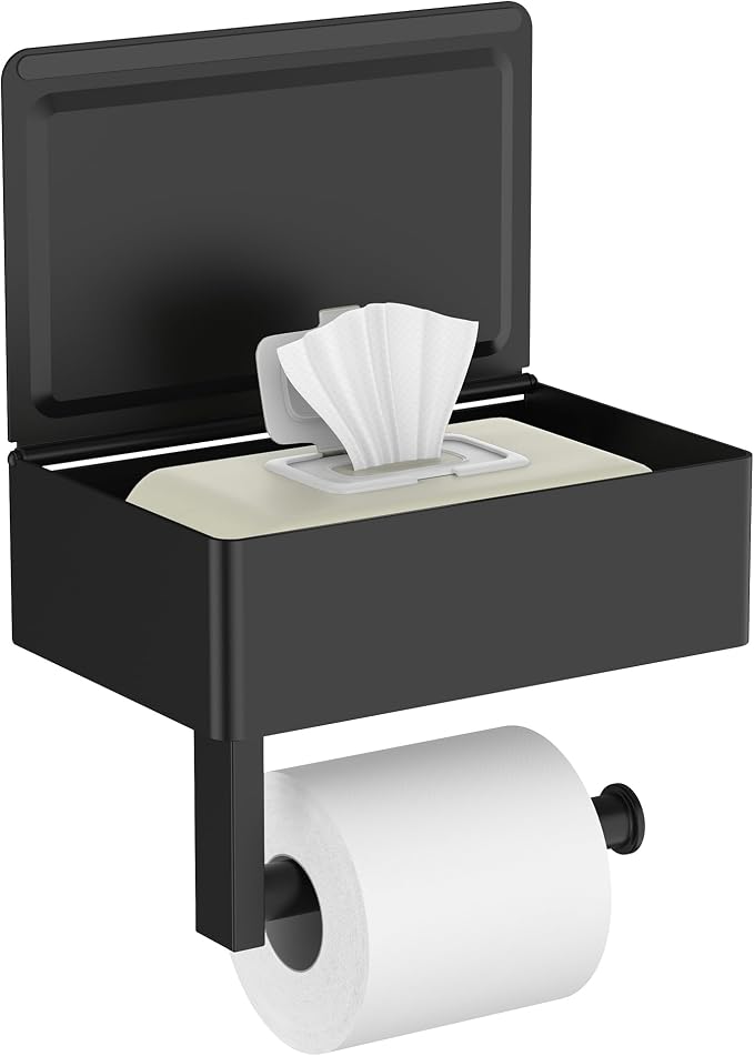 FORIOUS Toilet Paper Holder with Shelf, Wall-Mounted Modern Wipes Dispenser | Matte Black | Toilet Paper Holder with Storage | Flushable Wipes Dispenser for Bathroom | Sanitary Napkin Tampon Holder