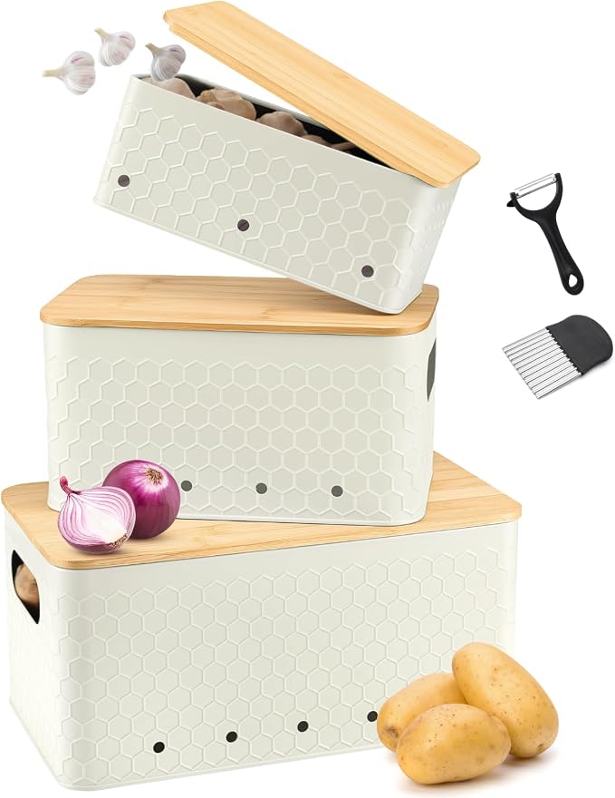 Kitchen Vegetable Storage Set of 3, Metal Onion Garlic Potato Storage Set, Kitchen Canisters Vegetable Keeper Containers with Aerating Holes and Bamboo Lid,Embossed Beige