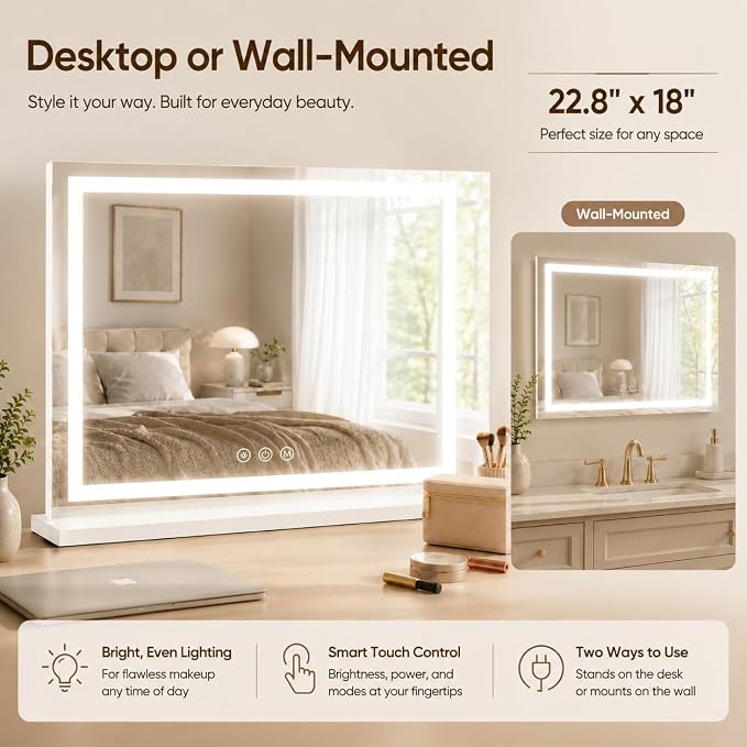 HNV 22.8"x18" Lighted Vanity Mirror, White | 22.8" x 18" tabletop vanity mirror with 3-color dimmable lighting, detachable 10X mirror, and HD tempered glass.