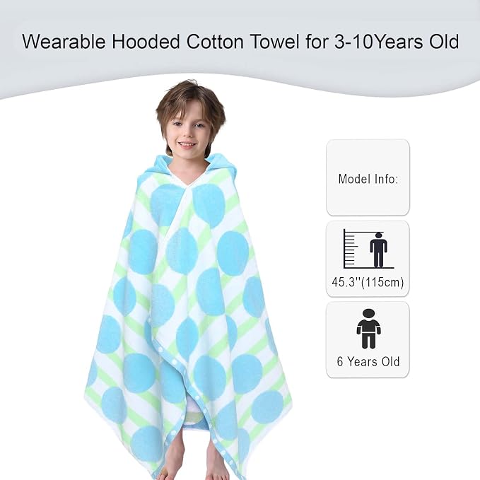VOOVA & MOVAS Toddler Beach Towel (3-10Years), Absorbent Quick Dry Lightweight Towel Wrap with Hood for Pool | Swim | Bath, Blue Dot Strip