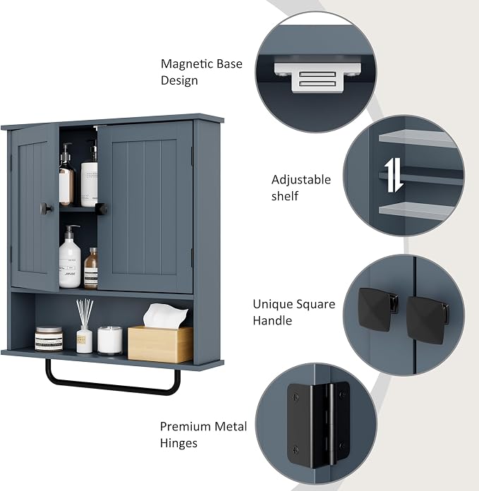 RRX Bathroom Cabinet Wall Mounted Medicine Cabinets with Towels Bar, Over The Toilet Storage Cabinet with 2 Doors and Adjustable Shelf, White Wall Cabinet for Bathroom Laundry Kitchen,Gray