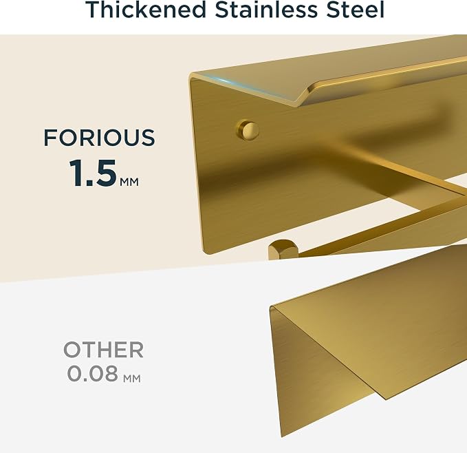 FORIOUS Toilet Paper Holder with Shelf, Commercial Toilet Paper Dispenser | Brushed Gold | SUS304 Stainless Steel Wall Mount Double Bathroom Tissue Roll Holder for Hotel, Apartments, etc