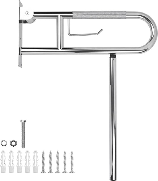 Handicap Grab Bar,23.6 Inch Stainless Steel 1.25" Diameter Toilet Safety Rails for Bathroom with Paper Holder, Anti-Slip Flip-Up Support Rail for Seniors Elderly
