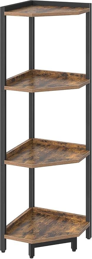 Hzuaneri Corner Shelf Stand 4-Tier Corner Bookshelf Storage Standing Shelf | Bookcase Plant Stand with Metal Frame for Living Room, Home Office, Bedroom, Black CS05801B